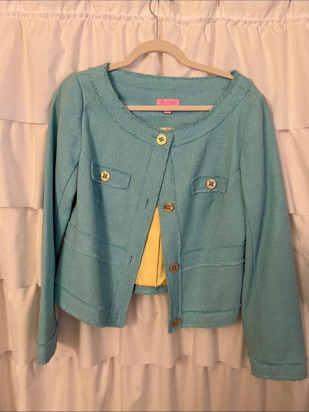 Lilly Pulitzer Aqua Tweed Button Ladies Jacket with Yellow Lining Size L
